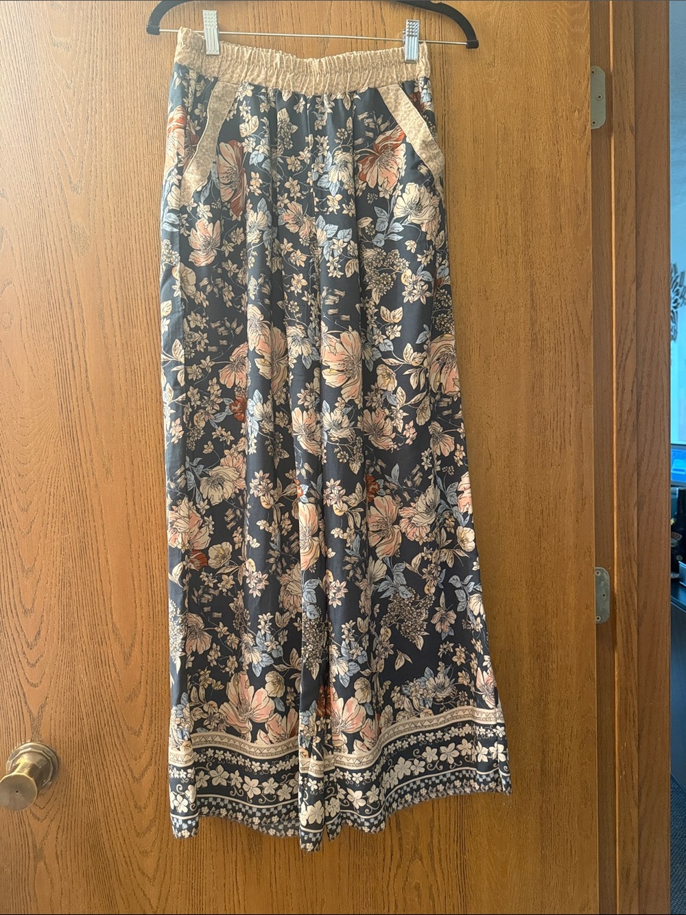 Wide Leg Floral Pants in Navy and Pink